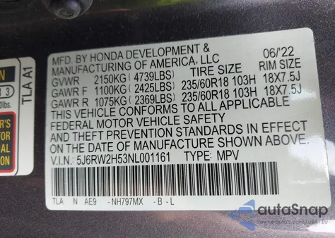 2022 Honda Cr-V Awd Ex из США, поврежденный, VIN 5J6RW2H53NL001161